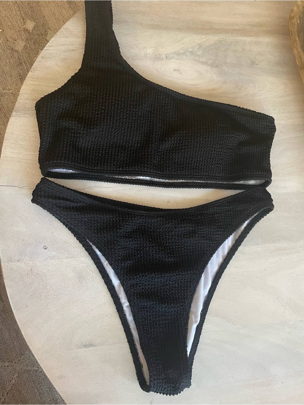 Black One-Shoulder Textured Bikini Set